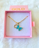 Lucky Butterfly & Initial Necklace (Blue)