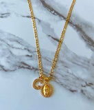 Pink Diamond Mary Necklace With Initial (Figaro Chain)