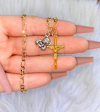 Bicolor Teddy & Crucifix Necklace