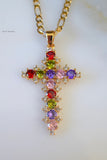 Gold Plated Multicolor Stone Cross Necklace