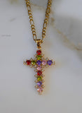 Gold Plated Multicolor Stone Cross Necklace