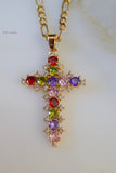Gold Plated Multicolor Stone Cross Necklace