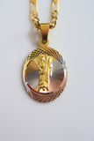 Diamond Cut Tricolor Gold Plated Oval Saint Jude Necklace