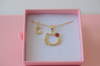 Red Flower Kitty & Initial (Rolo Chain)