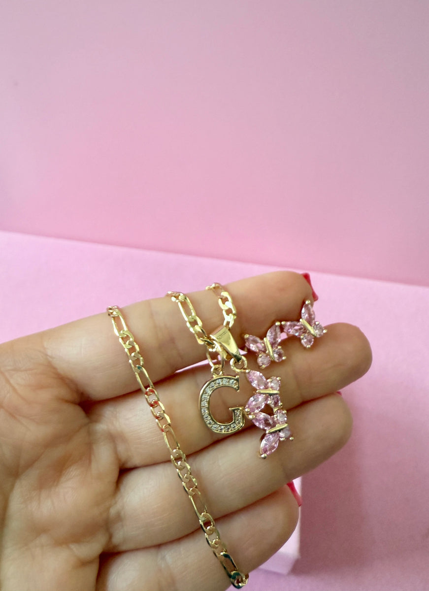 Pink Butterfly Set With Initial – GoldDipped