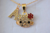 Red Floral Kitty & Initial (Rolo Chain)