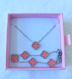 Silver Pink Lucky Clover Bracelet & Necklace: Package Deal