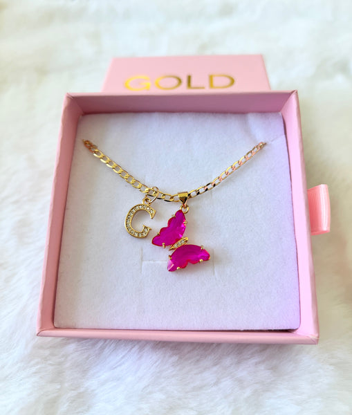 Lucky Butterfly & Initial Necklace (Hot Pink)