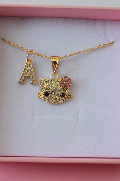 Pink Floral Kitty & Initial (Rolo Chain)