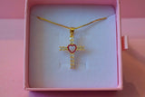 Ruby Heart Cross (Box Chain)
