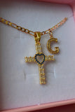 Sapphire Heart Cross & Initial
