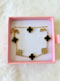 Icy Black Lucky Clover Bracelet & Necklace: Package Deal