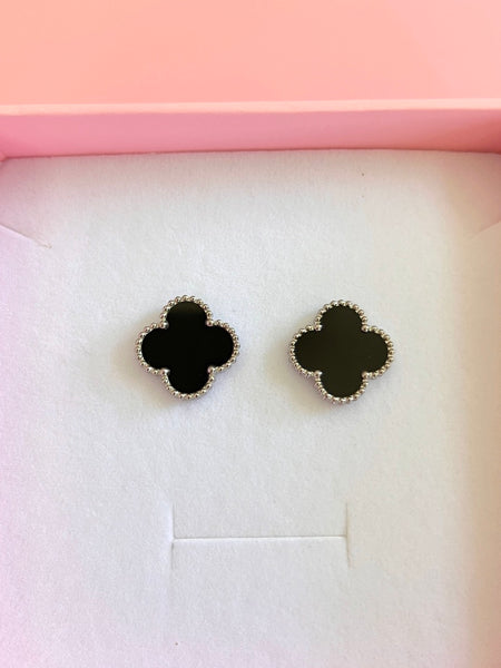 Silver Black Lucky Clover Studs