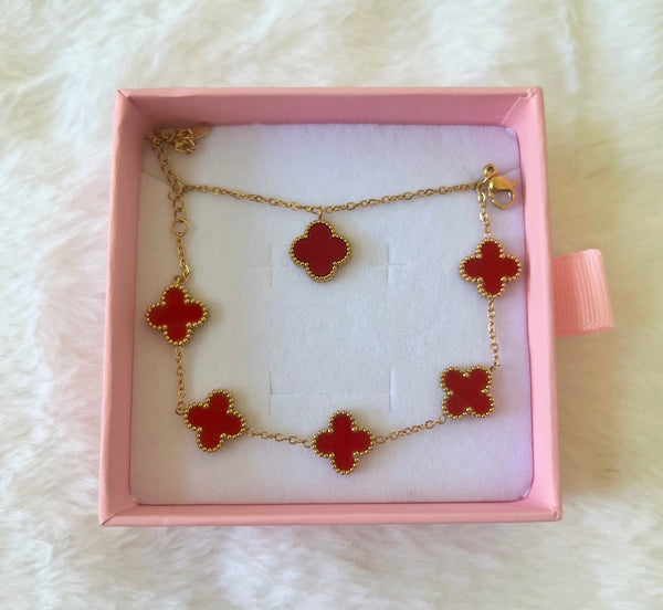 Red Lucky Clover Bracelet & Necklace: Package Deal