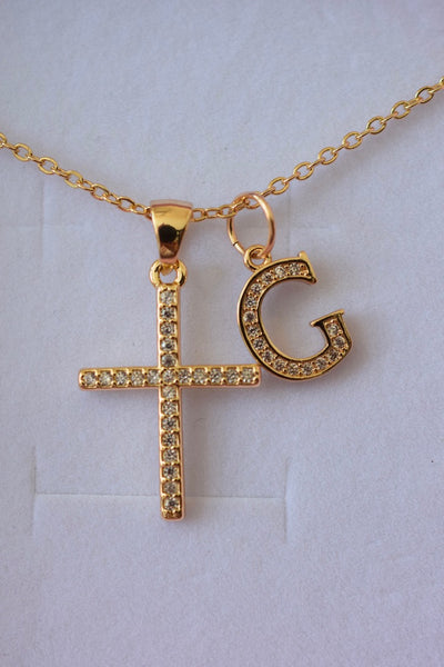 Classic Diamond Cross & Initial (Rolo Chain)
