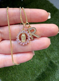 Mini Pink Baguette Mary & Initial (Box Chain)