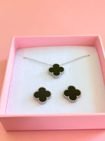 Silver Black Clover Necklace & Earrings