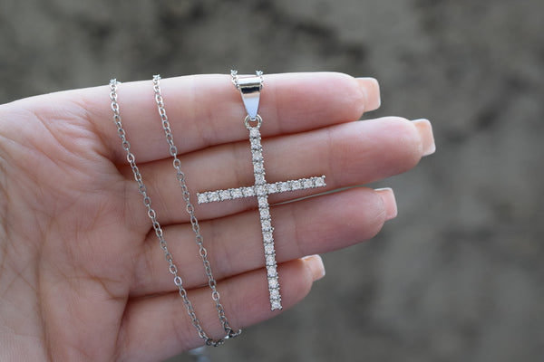 Silver Large Diamond Cross (Rolo Chain)