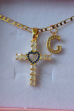 Sapphire Heart Cross & Initial