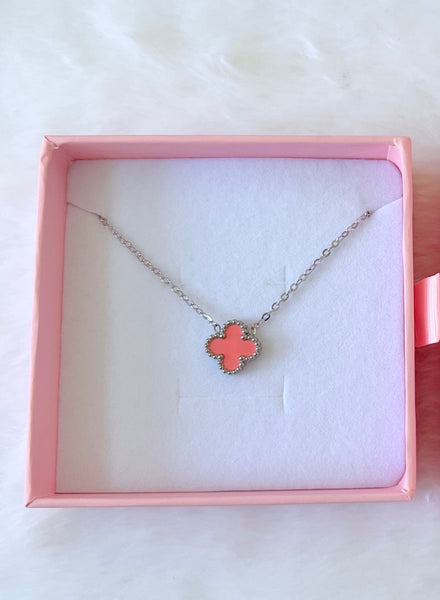 Silver Pink Clover Necklace