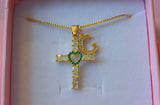 Emerald Heart Cross & Initial (Box Chain)