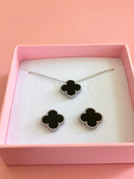 Silver Black Clover Necklace & Earrings