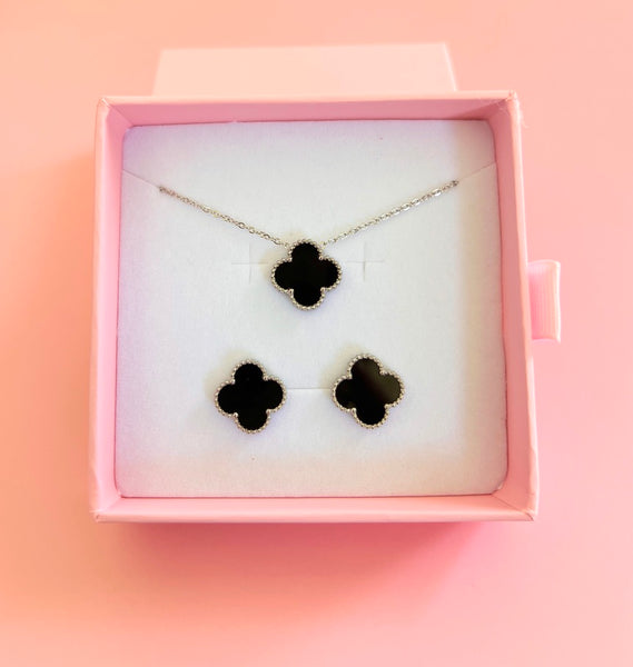 Silver Black Clover Necklace & Earrings