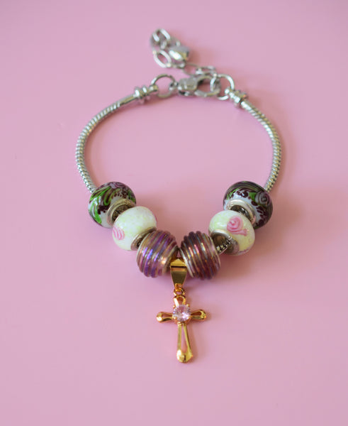 Pink Cross Charm Bracelet