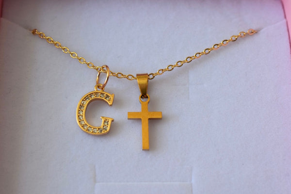 Mini Cross With Initial (Rolo Chain)