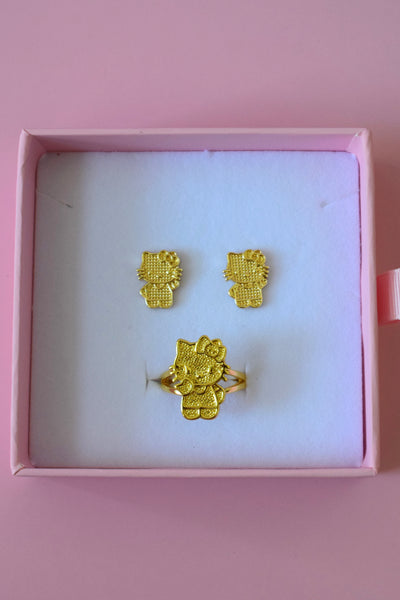 Gold Kitty Earrings & Ring Set (Package Deal)