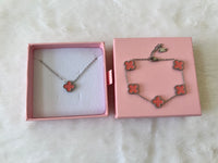 Silver Pink Lucky Clover Bracelet & Necklace: Package Deal