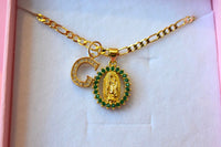 Emerald Mary And Initial (Figaro Chain)