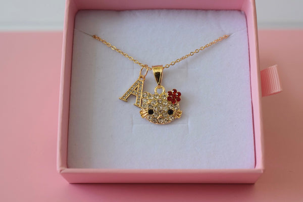 Red Floral Kitty & Initial (Rolo Chain)