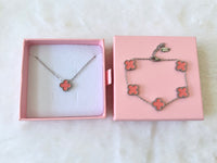 Silver Pink Lucky Clover Bracelet & Necklace: Package Deal