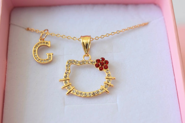 Red Flower Kitty & Initial (Rolo Chain)