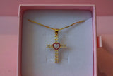 Ruby Heart Cross (Box Chain)