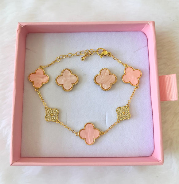 Icy Baby Pink Clover Bracelet & Earrings: Package Deal