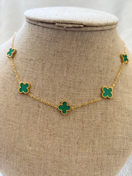 Malachite Clover Necklace Set w/ Gold Tassels