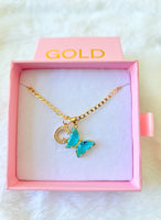 Lucky Butterfly & Initial Necklace (Blue)