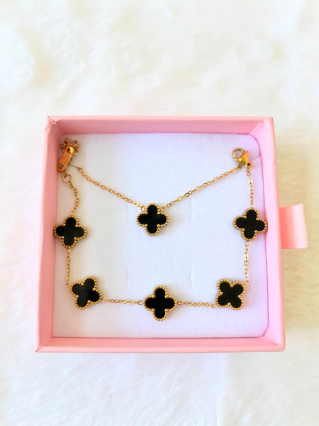 Black Lucky Clover Bracelet & Necklace: Package Deal