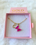 Lucky Butterfly & Initial Necklace (Hot Pink)