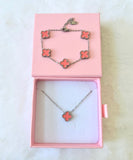 Silver Pink Lucky Clover Bracelet & Necklace: Package Deal