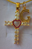 Ruby Heart Cross & Initial (Box Chain)