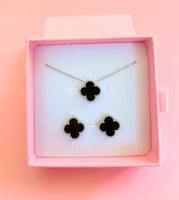 Silver Black Clover Necklace & Earrings