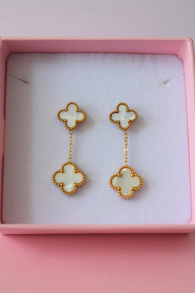 Double Clover Dangle Earrings (White)