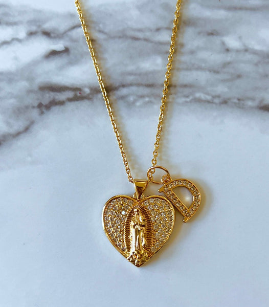 Frosted Mary Heart With Initial (Rolo Chain)