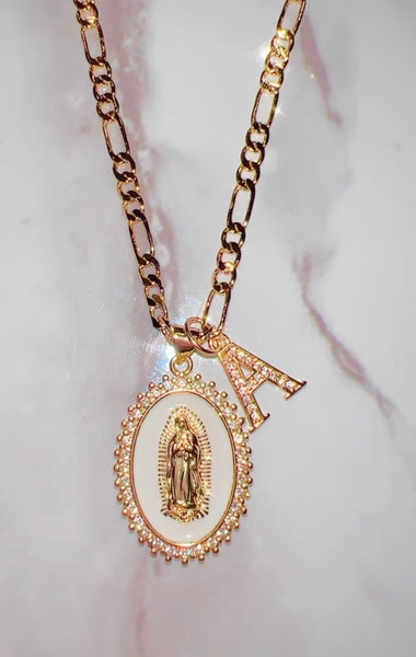 White Mary & Initial (Figaro Chain)