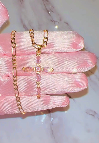 Pink Marquise Cross (Figaro Chain)