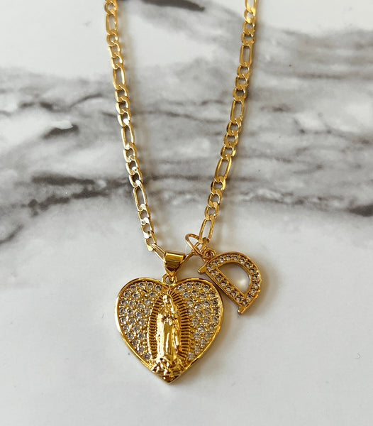 Frosted Mary Heart With Initial (Figaro Chain)