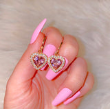 Pink Icy Heart Dangle Earrings